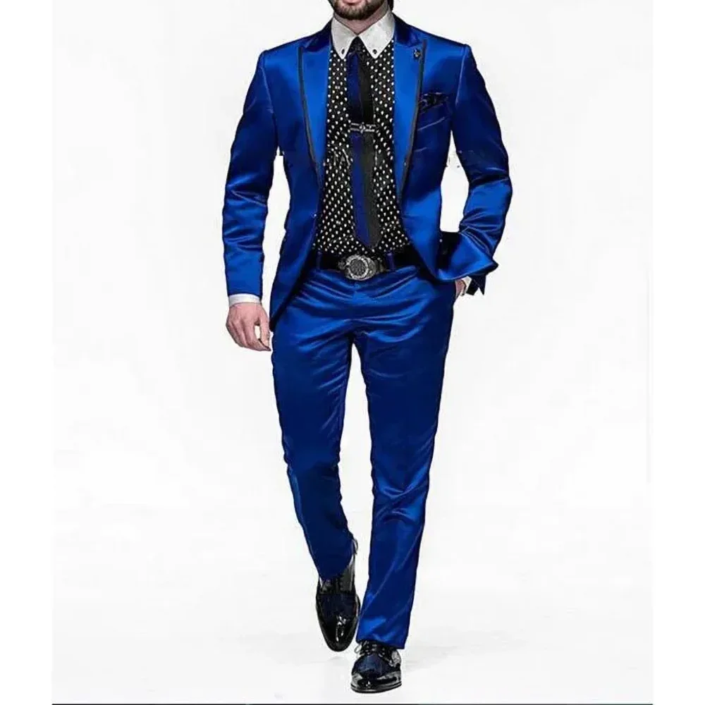 Shiny Royal Blue Satin Men Suits 2 Piece Set Chic Party Prom Wedding Groom Tuxedo Formal Male Suit Slim Blazer with Pants