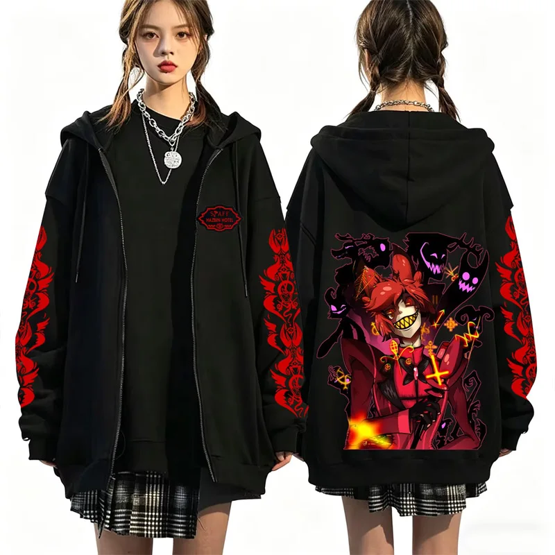 Hazbin Hotel Retro Print Zip Up Hoodie Herbst Winter Streetwear Casual Fashion Harajuku Mantel Fleece Langarm Reißverschluss Sweatshirts – Detail 3