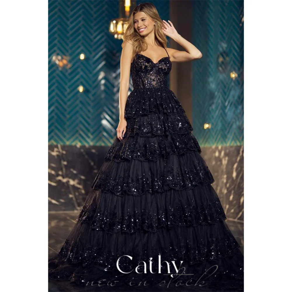 

Cathy Black A-line Pleaded Prom Dress Spaghetti Strap Shiny Sequins فساتين السهرة Lace Waist tidos de noche