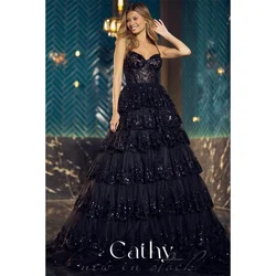 Cathy Black A-line Pleaded Prom Dress Spaghetti Strap Shiny Sequins فساتين السهرة Lace Waist tidos de noche