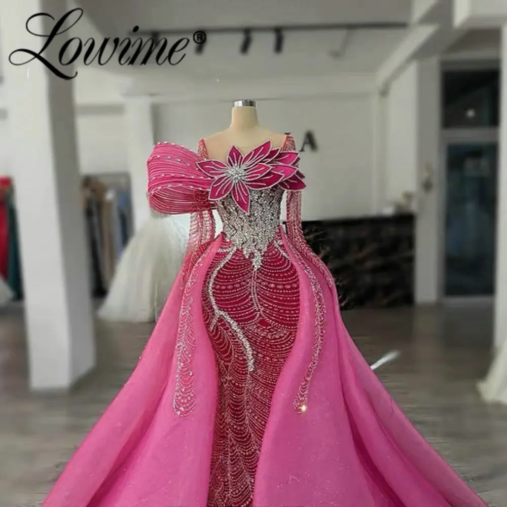 

Hot Pink Long Sleeves Mermaid Evening Dresses with Detachable Train Dubai Sparkle Crystals Wedding Party Gowns Customized
