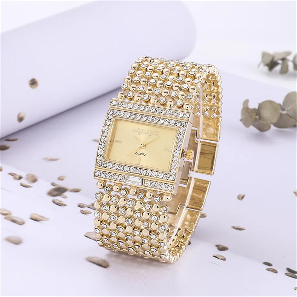 Luxury Simple Square Diamond Encrusted Women\'s Quartz Watch Gold Skeleton Fashion Women\'s Clock Gift Dress Wristwatch