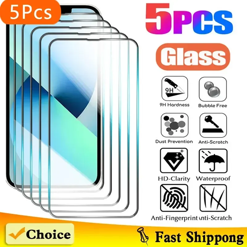 

5pcs Screen Protector Protective Glass For iPhone 15 Pro Max 14 13 12 11 7 8 Plus iphone X XR XS Max Mini Full Tempered Glass