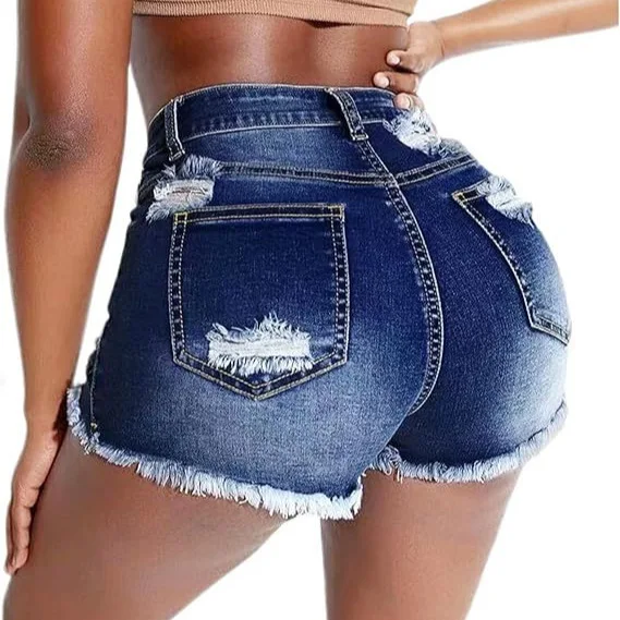 

Sexy Mid-Waist Elastic Butt Lifting Hole Denim Shorts Women's High Elasticity Straight Leg Jeans Short Pants Summer New Arrival