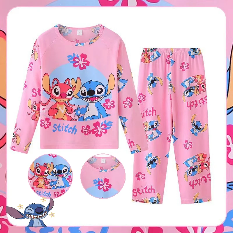 New Disney Fall Children's Clothing Sets Stitch Girls Boys Sleepwear Long Sleeved Pants Clothes Kids Pajamas Set Baby Pajamas