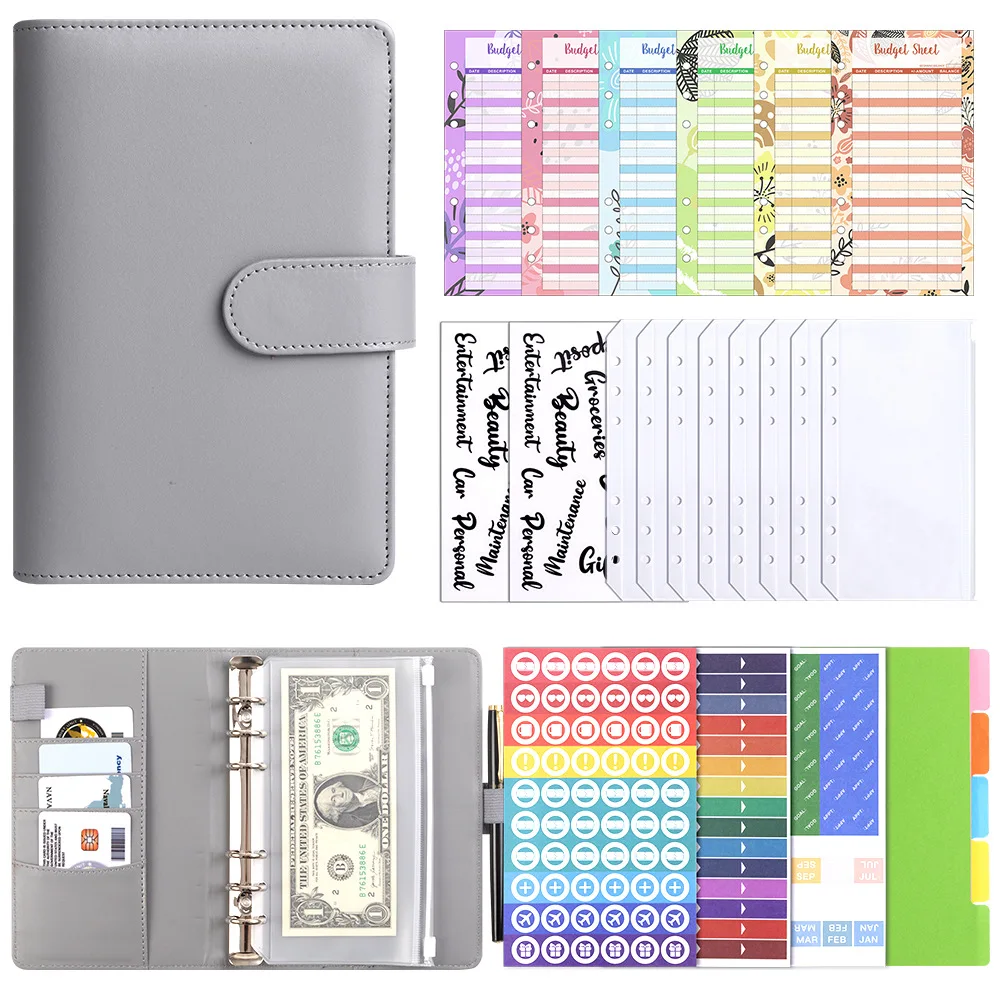 One Faux Leather A6 Budget Loose-Leaf Binder With Zipper Envelopes - Cash Budgeting & Financial Storage Notebook view 5