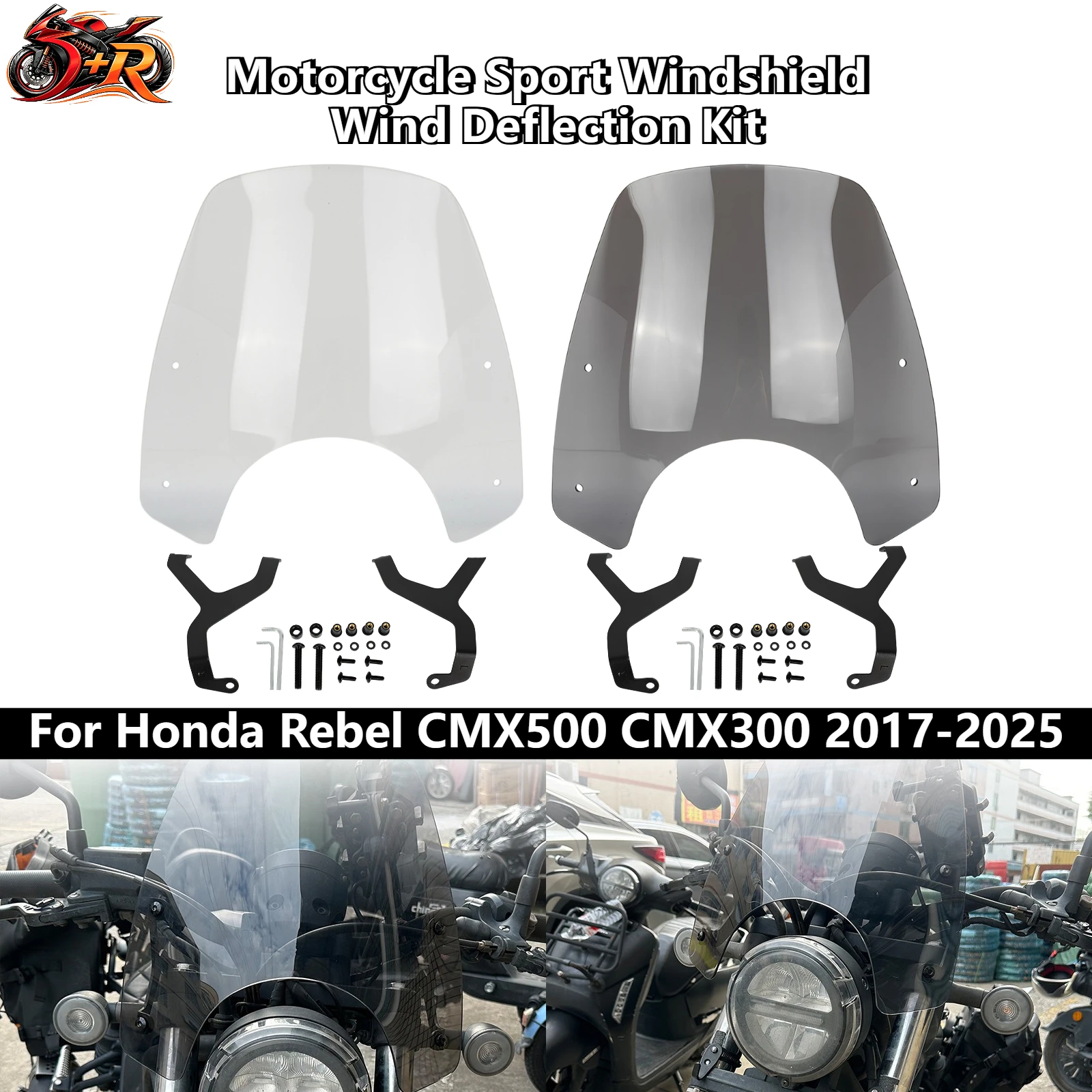 

Motorcycle Sport Windshield Wind Deflection Kit For Honda Rebel CMX 500 CM 300 CMX500 CMX300 2017-2025 Clear/Smoke DONGRAN