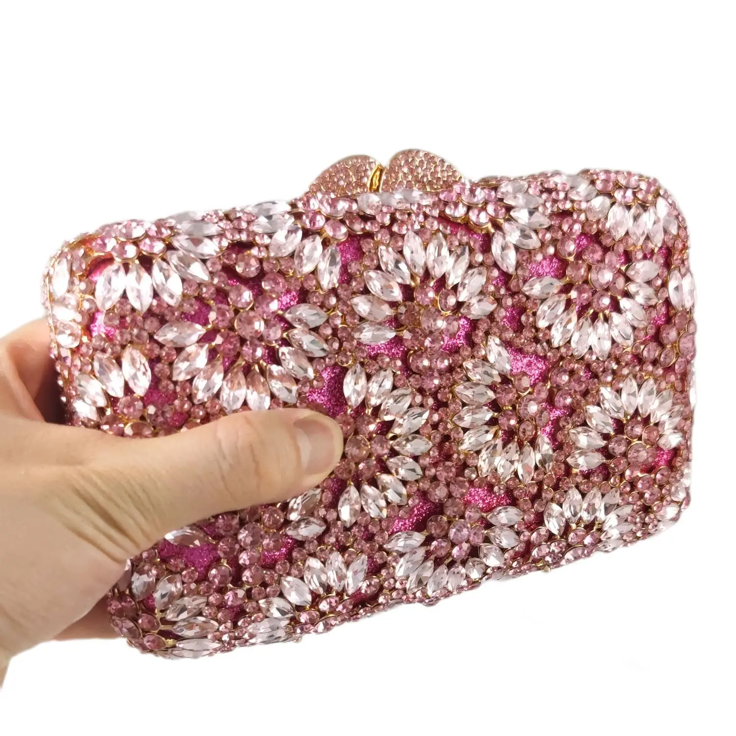 Boutique De FGG Pink Evening Handbags and Purses Women Flower Crystal Clutch Bags Wedding Party Bridal Rhinestone Minaudiere Bag