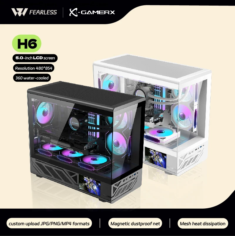 

Игровой чехол PowerTrain X-GAMERX H6 для ПК MATX ITX Sea View Room Разрешение 480 × 854 5-дюймовый ЖК-экран Охладитель воды на 360 градусов Компьютерный чехол