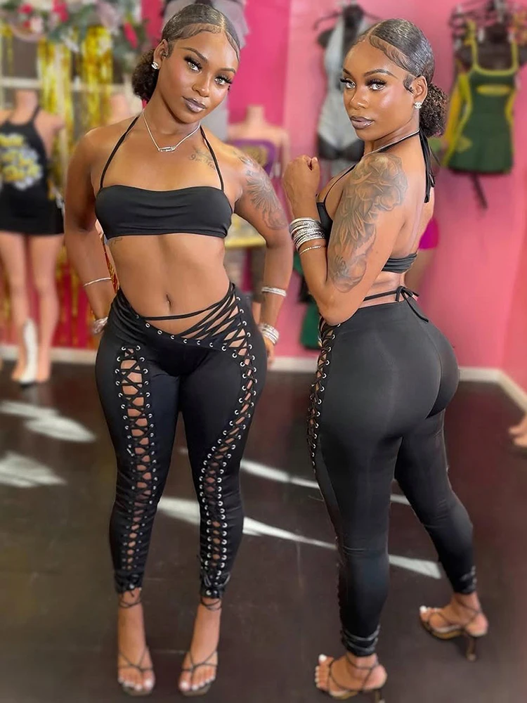 

Cutenew сексуальный женский комплект из 2 предметов на шнурке, популярные уникальные майки с лямкой на бретельках + полые брюки с разрезом, женская трендовая полуночная клубная одежда