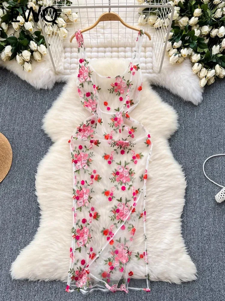 EWQ Summer Fashion Designer Dress Women Floral Mesh Embroidery Transparent Sunscreen Sling Dresses 2024 New Clothing 27C315