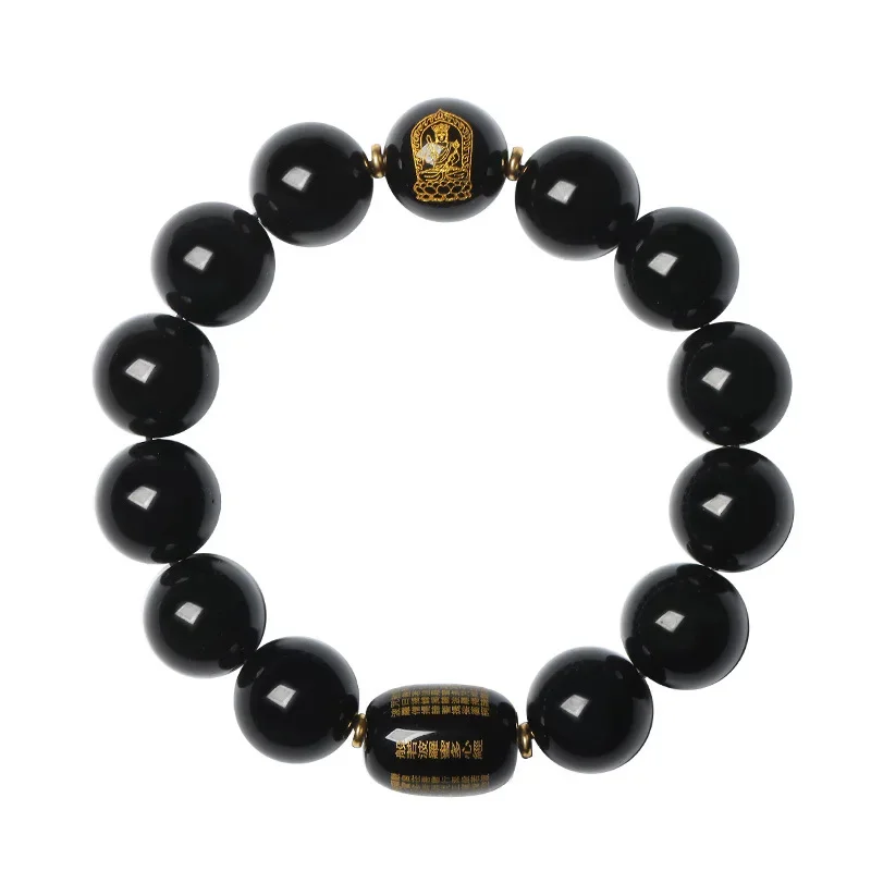 Natural Black Gold Obsidian Men's Amulet Bracelet Heart Sutra Buddha Bead Women's Tai Sui Lucky Bead Attracts Wealth Hand String