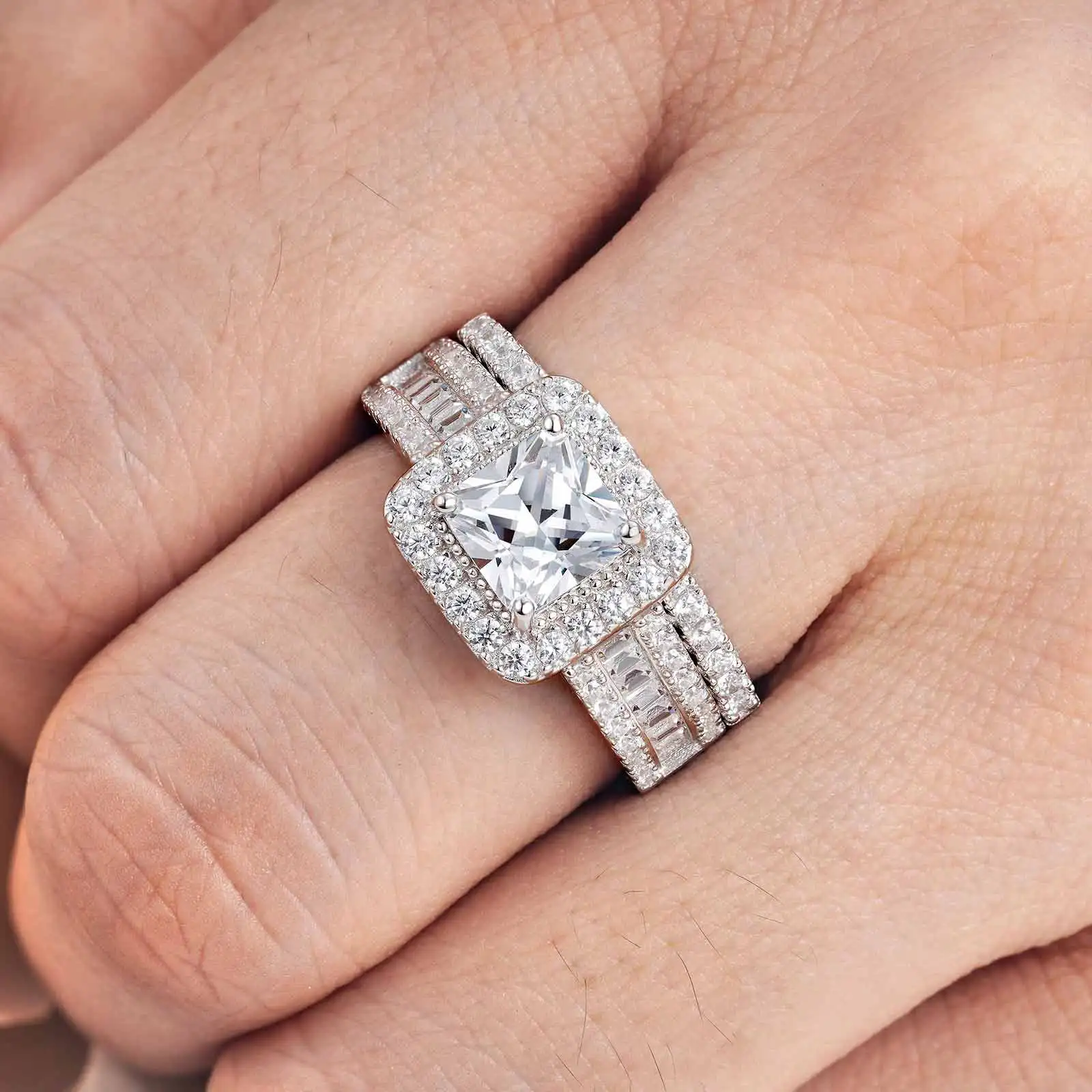 Newshe 925 فضة مجوهرات الزفاف مجموعات خاتم الزفاف للنساء 3.5 CT تقليد الماس الأميرة قص AAAAA مكعب الزركون
