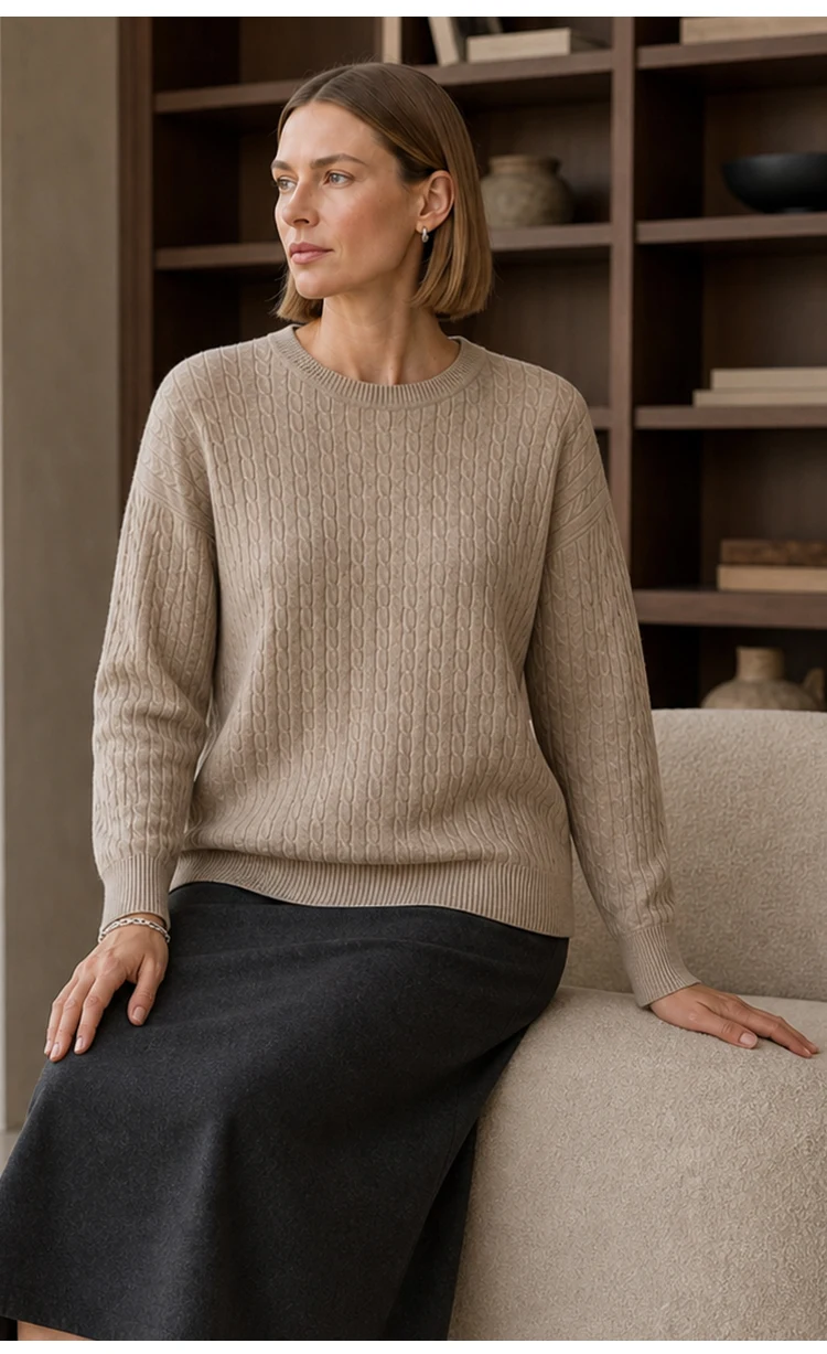ML62062 Damen Minimalistischer Zopfmuster-Pullover mit Rundhalsausschnitt, Langarm, Modal-Mischung, Weich und Warm, Herbst-Winter-Oberteil – Detail 4