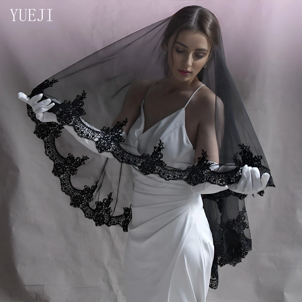 

YUEJI Bridal Double Lace Edged Black Veil Finger Long Bridal Wedding Accessory Vestido De Novia 2024 De Buena Calidad YJ224