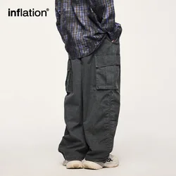 INFLATION Washed Faded Plaid Wide-Leg Cargo Pants for Men Loose American Washed Casual Pant Streetwear