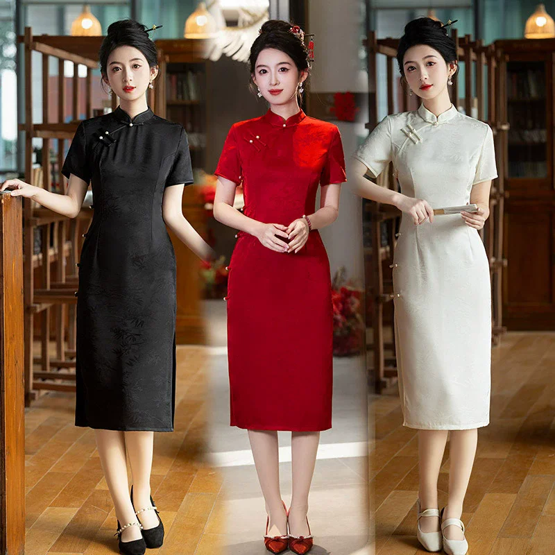 

Purple New Chinese Long Cheongsam Improvement for Young 2025 New Women Retro slim fit waist cinching short sleeved Qipao