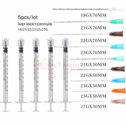 5pcs/lot Luer Lock Syringes 1ml syringe Fine Micro Cannula Blunt Needle Tips 25G/27G/30G needle tip Tattoo Syringe