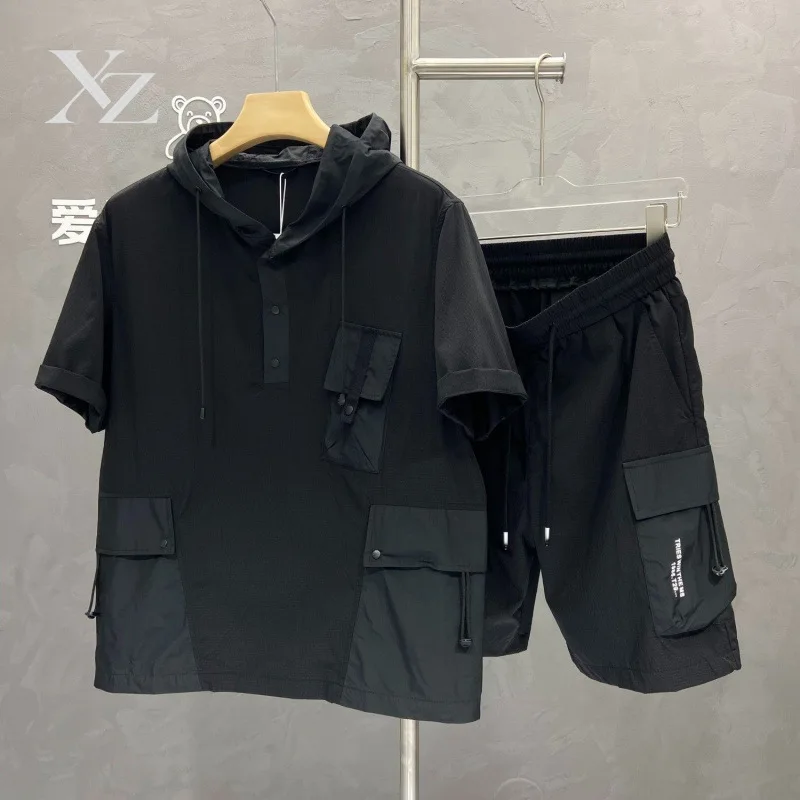 Opening Sale |Plus Size Men Summer Loose Hooded 2-Piece Set Cargo Pockets Short Sleeve Top & Elastic Waist Shorts Casual Streetw