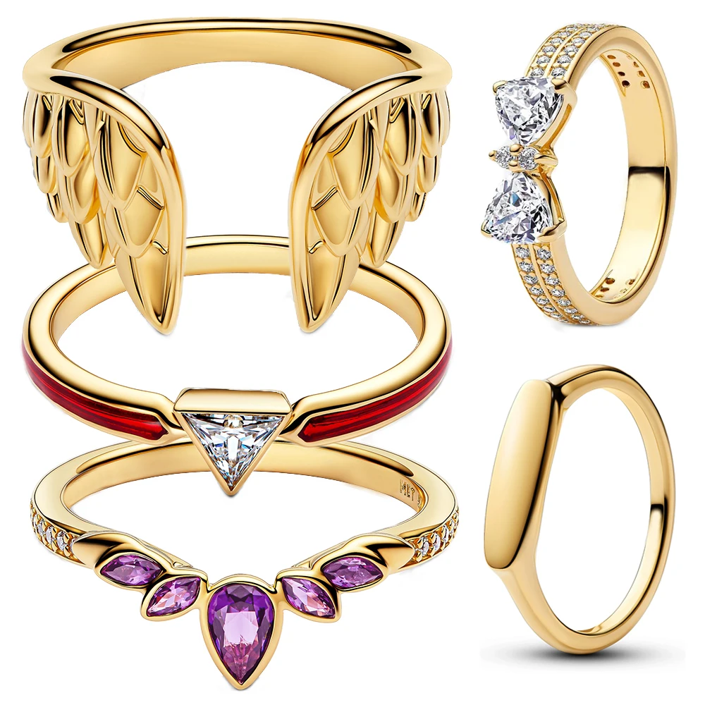 

Кольцо из стерлингового серебра 925 пробы в нейтральном стиле с крыльями, красной лентой, треугольником и фиолетовым цирконом – стильное украшение для вечеринок