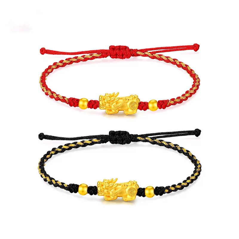 

Pure 999 24K Yellow Gold Men Women Dragon Son Pixiu Bead Bracelet 1.2-1.4g