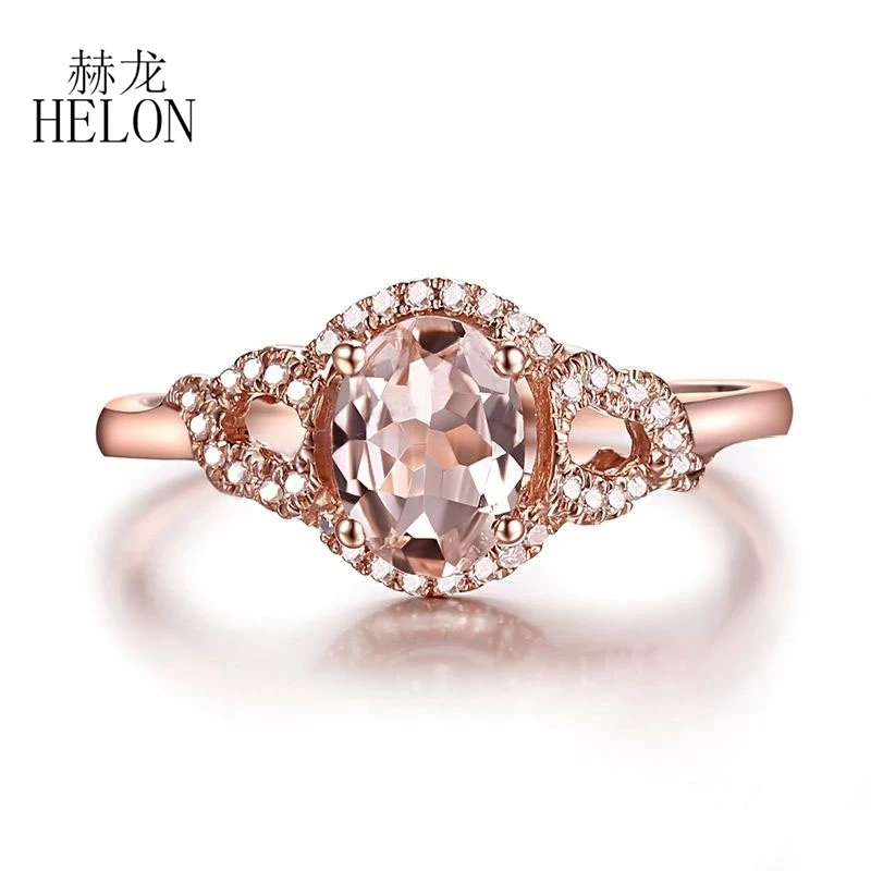 HELON Solid 14k Rose Gold Oval 7x5mm Natural Morganite Engagement Ring Real Diamonds Wedding Ring For Women Fine Jewelry Trendy