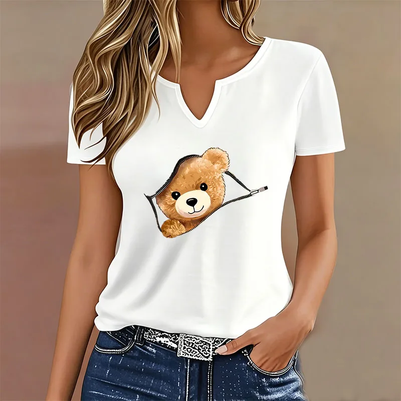Comfortable T-shirt V Neck Casual Fashion Y2k Bear Printed T Shirts Women Short Sleeve Tee Shirt V-Neck Summer Spring