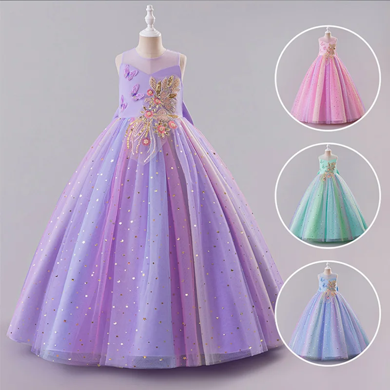 

Children Party Dress for School Performances Kids Pageant Clothes for Girls Elegant Princess Tutu Dress Rainbow Tulle Ball Gown