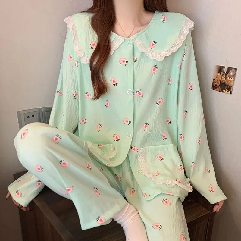 Mint Green Women Pajamas Set Long Sleeve Loungewear Peach Print Peter Pan Collar Button Down Shirt Long Pants Cotton Sleepwear