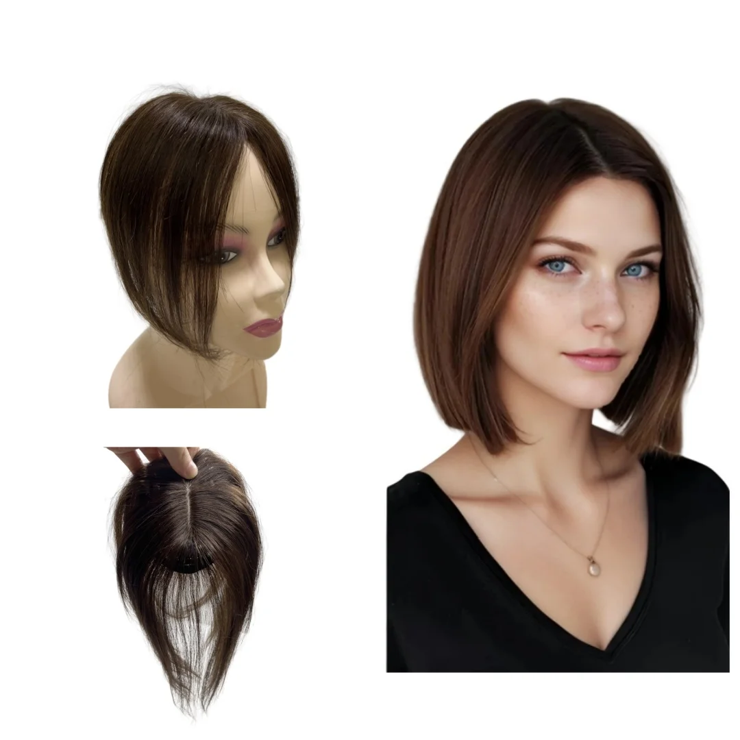 Satifresion الشعر القبعات العالية للنساء شعر بشري حقيقي 10 بوصة رقيقة الدانتيل قاعدة منتصف جزء الانفجارات قطع الشعر مع ترقق الشعر #1