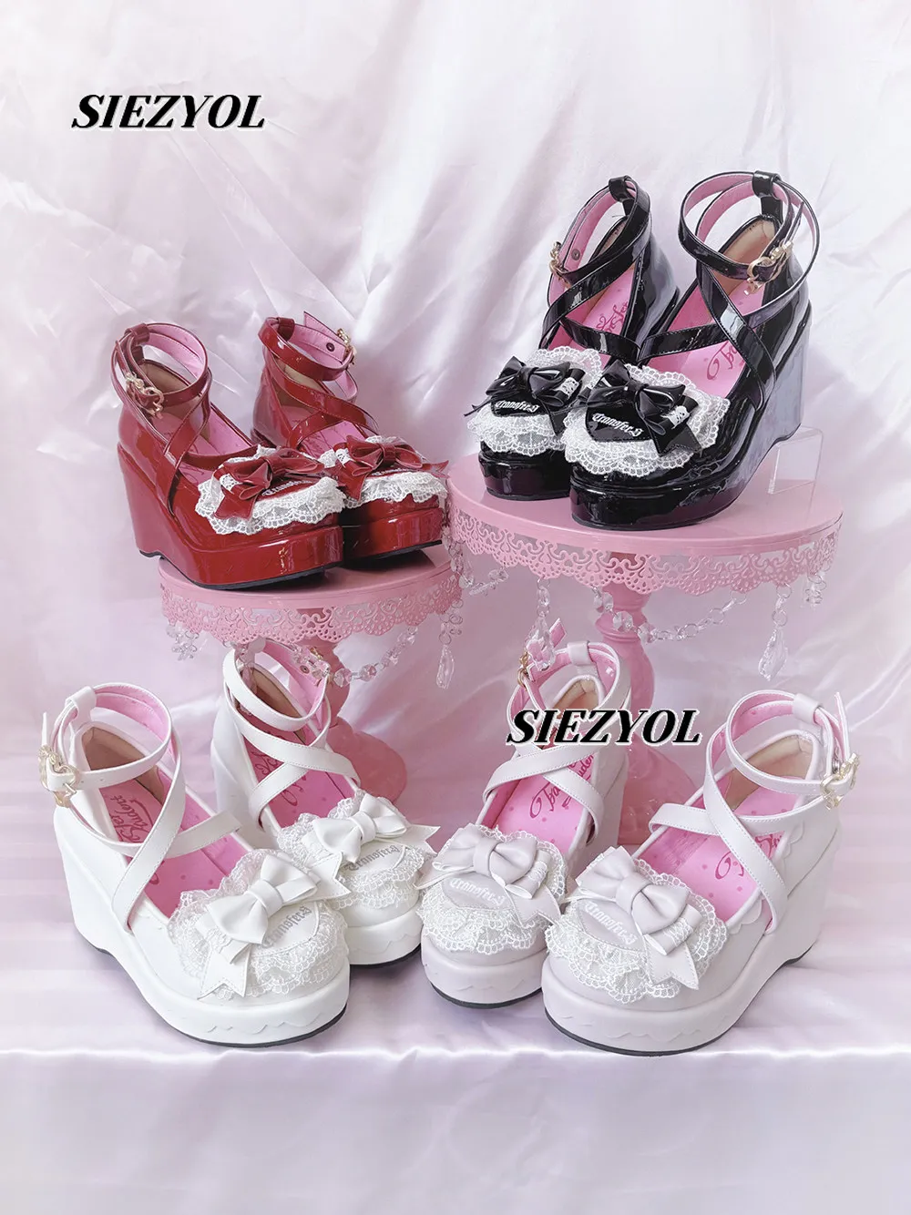 Bow Solid Color PU High Heels Shoes Original Sweet Cute Girls Wedge Heels Versatile Waterproof Table Lace-up Muffin Shoes