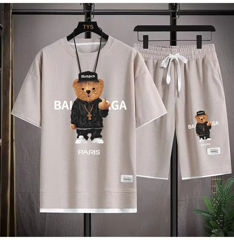 2024 Korean fashion Printed bear T-Shirts Shorts Men\'s Sets Luxury leisure 2 Piece Outfit Streetwear Summer Quality Tracksuit