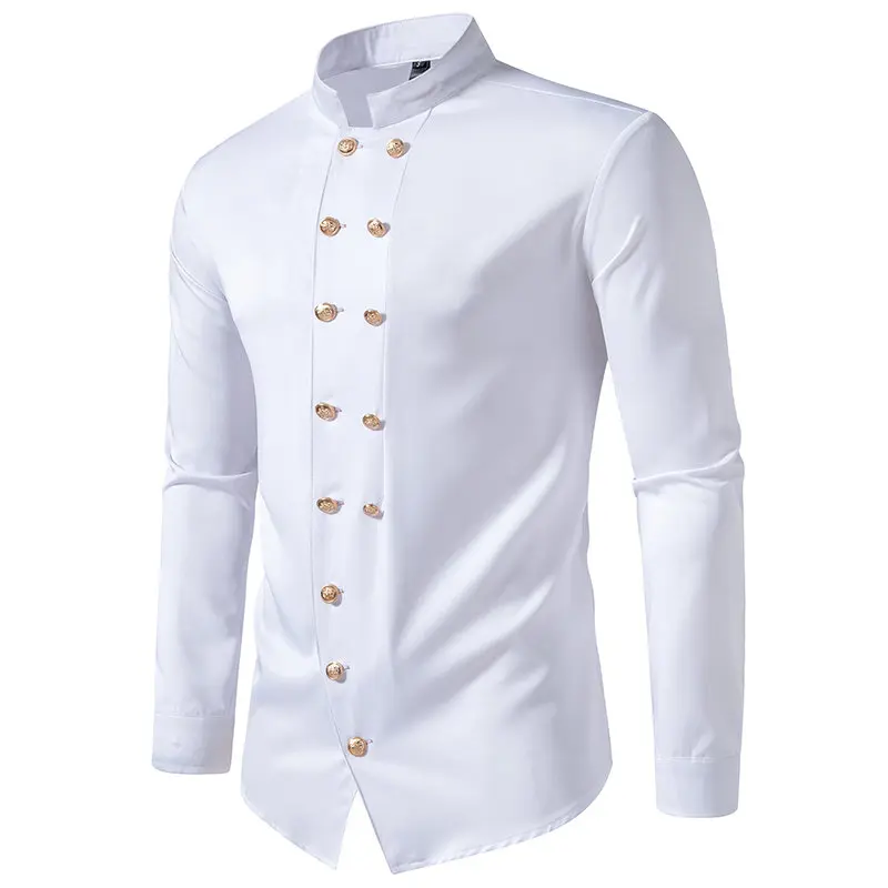 New Long Sleeve Formal Mens Shirt Double Breast Slim Fit Solid Color Mens Wedding Prom Social Tuxedo Dress