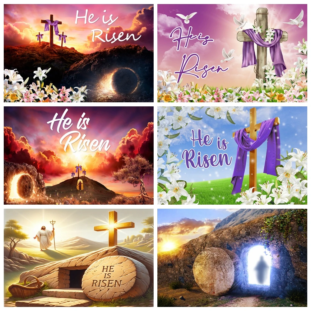 Jesus Cross Religious Photography Backdrop Spring Easter Nativity Holy He Is Risen Lavender Sunset Flower Baby Shower Background