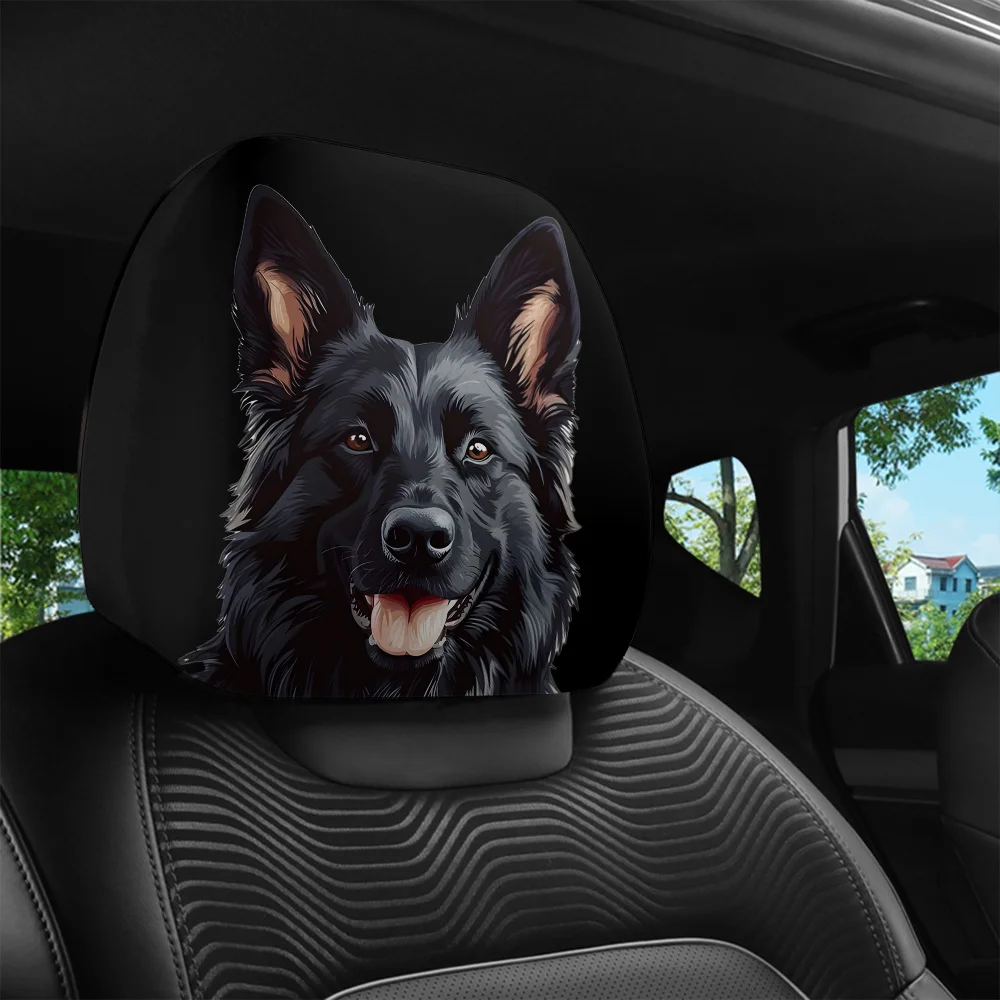 1pcs Black German Shepherd Print Car Headrest Covers, Car Interior Decor,  Fit, Washable, Easy To Install