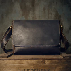 Vintage Genuine Leather Laptop Briefcase Men's Cowhide Leather Office Document Bag Cross body Daily Shoulder Bag Messenger Bag