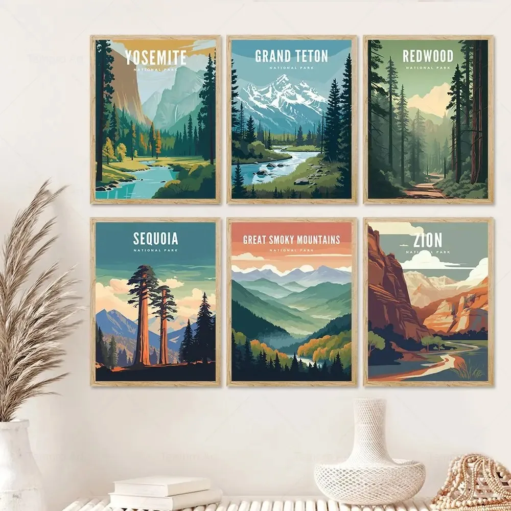 Vintage Travel City National Park Landscape Poster Yosemite Grand Teton Zion Yellowstone Canvas Painting Room Wall Decor Picture