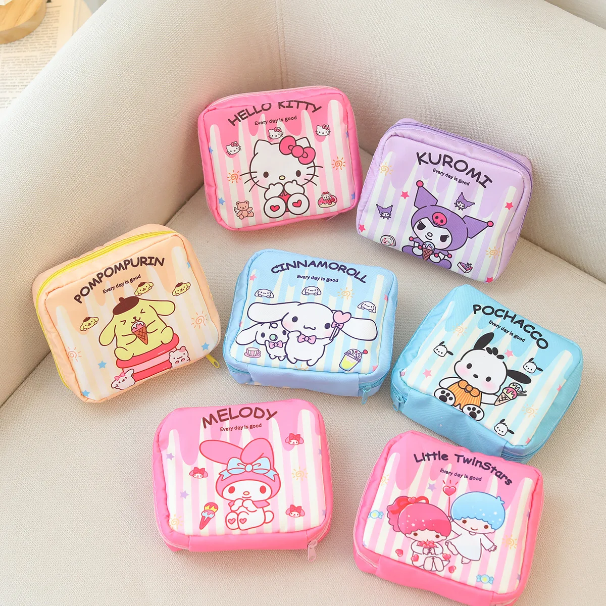 New Kawaii Hello Kitty Tampon Organizer Bag Striped Cute Cartoon Girl Sanrio Kuromi Portable Cosmetic Storage Bag 12x14x5cm