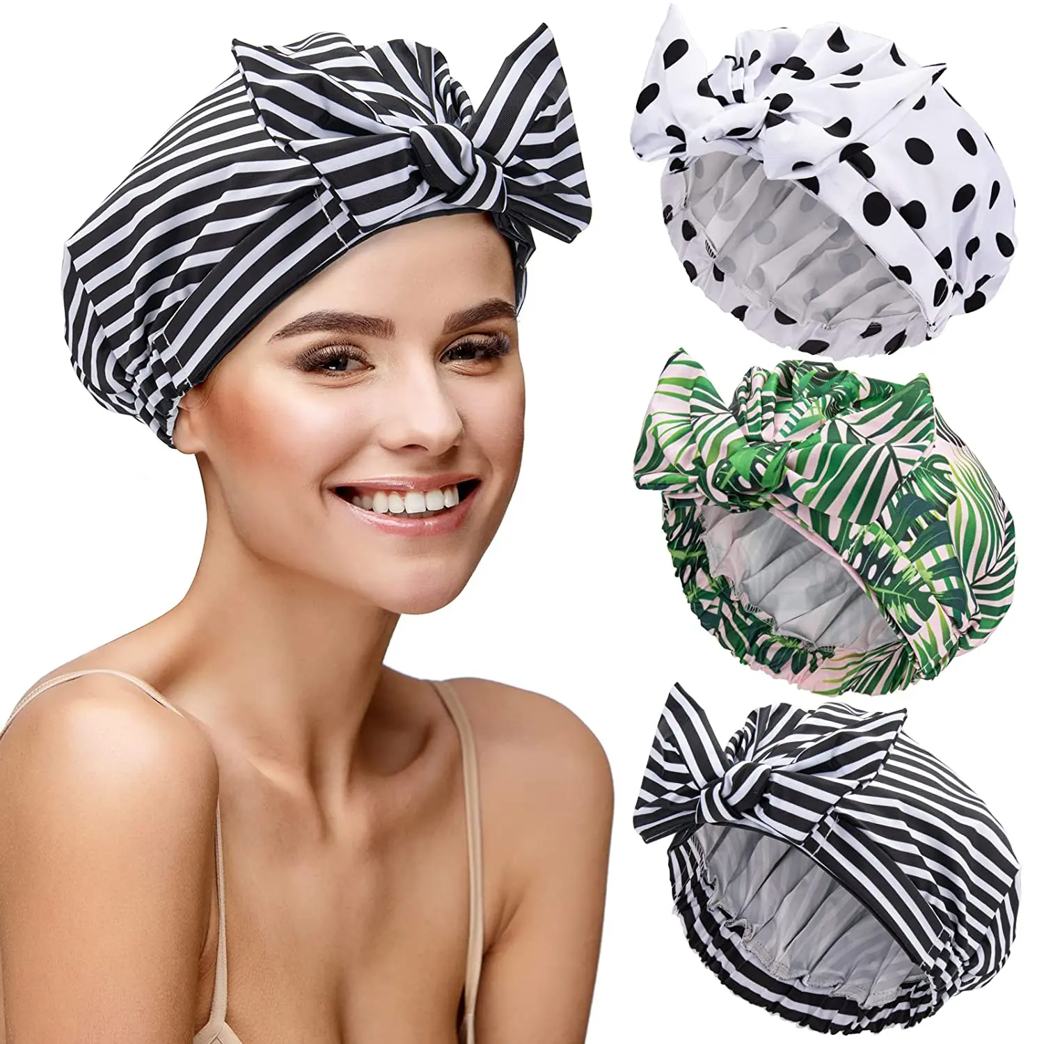 3Pcs Shower Cap for Women Stylish Waterproof Shower Cap,Soft Multi-functional Hair Caps Reusable Elastic Band Stretch Hair Hat