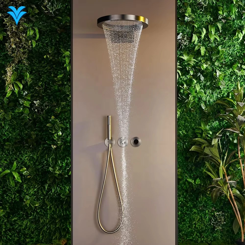 

Waterfall Rainfall Shower Head Hot and Cold Bathroom Shower Massage Head Set