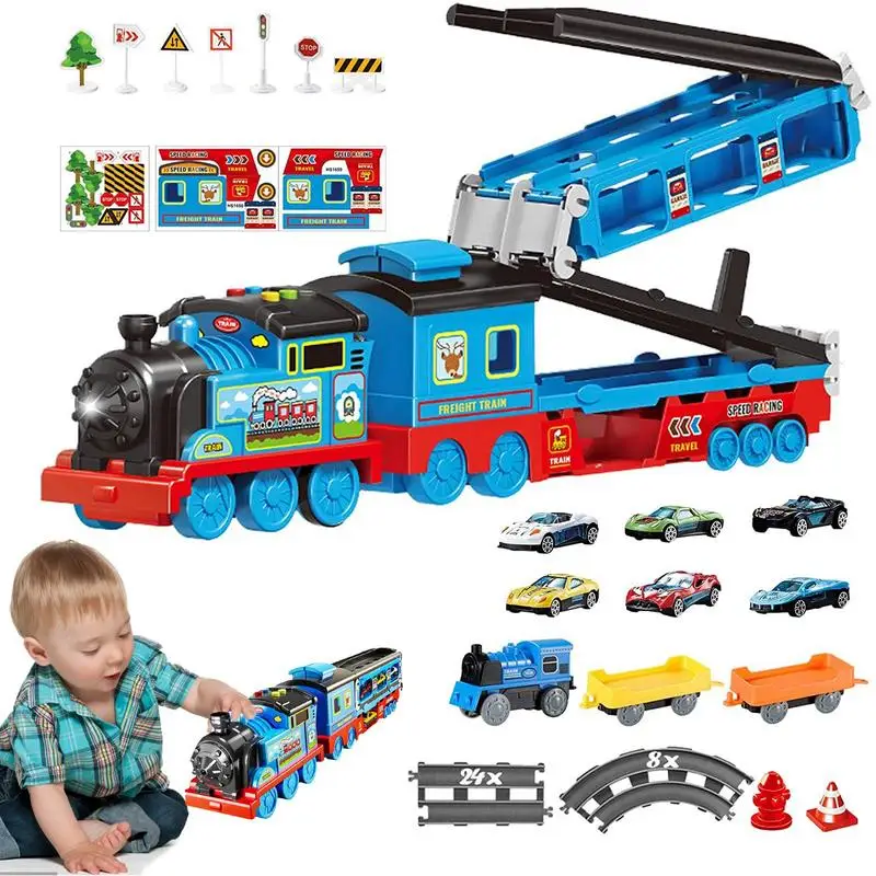 

Car Carrier Truck Toy Mega Transport Train With Ejection Race Track Catapulting Car Toys Birthday Gifts Includes 6 Alloy Toy Car