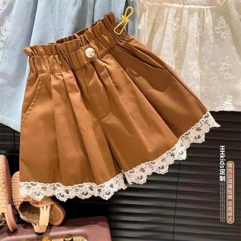 Girls' High Waist Wooden Ear One Button Lace Edge Versatile Shorts Hot Pants2024Summer Clothing New Short Pants-WSNY