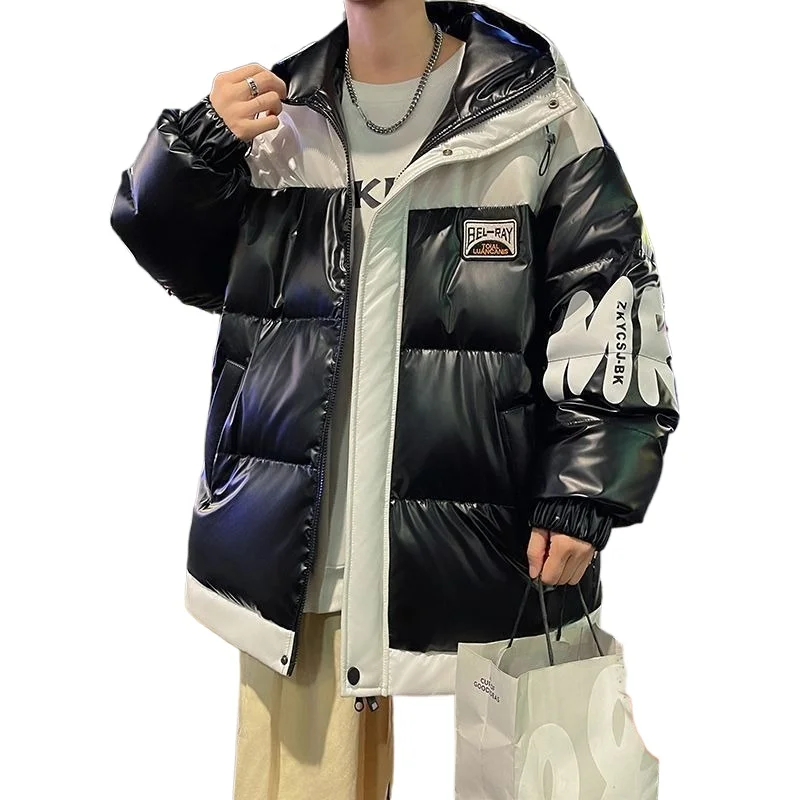 New Winter Bright Leather Cotton Jacket  Men's  Thick Coat That Is Fashionable Cool Hooded Windproof Waterproof Warm and Trendy