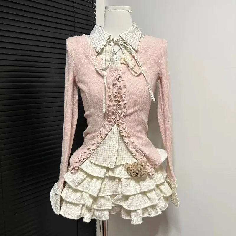 

Японский и корейский модный женский комплект из двух предметов на весну 2026 года: стиль Preppy, Y2K, Лолита, Кавай, милый дизайн, праздничные костюмы, женская одежда