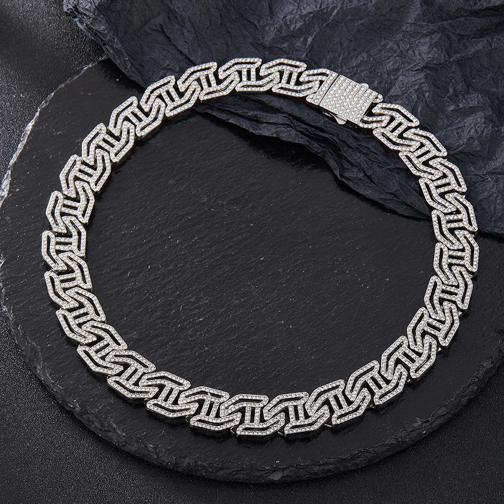 

New 16mm Baguette Zircon Rhinstones Geometric Cuban Chain Ice Out Bling Rose Gold Silver Color Big Heavy Hip Hop Jewelry