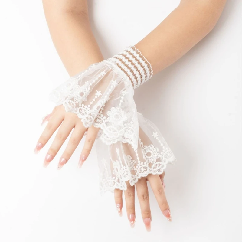 1pair White Mesh Tulle Decorative Wrist Cuffs Woman Sweater Shirt Flared Fake Sleeve Clothing Accessory