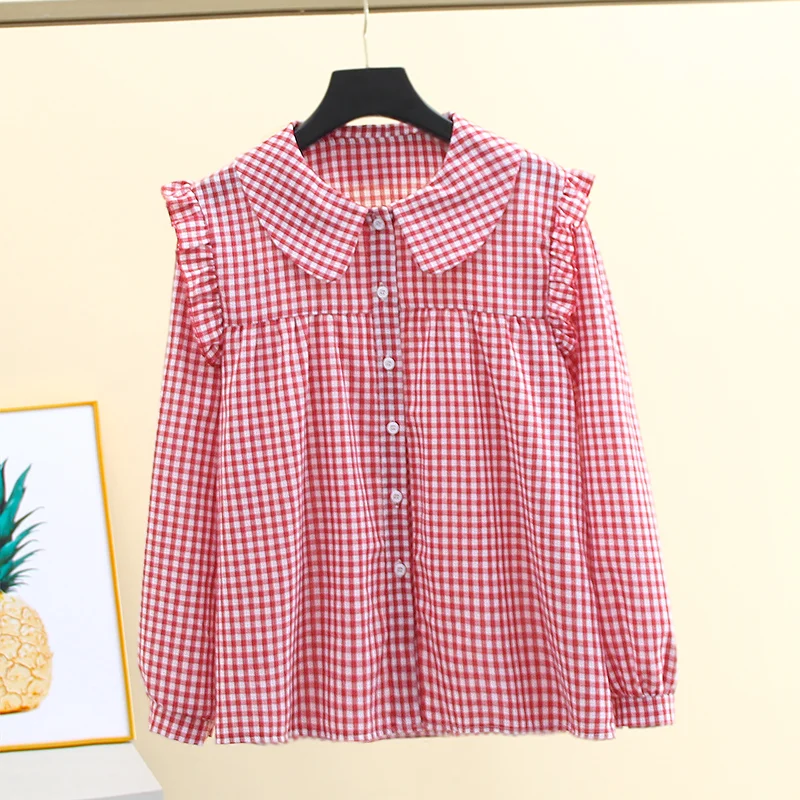 Grid shirt Women's Long Sleeved Spring Autumn New Korean Version Student Loose Fashion Doll Collar Blouse French Lace Splice Top