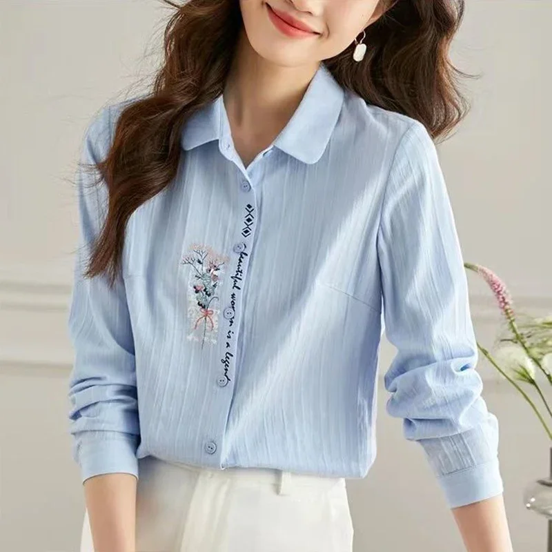 Camisa de manga larga con bordado de flores de algodón puro para mujer, Tops holgados informales para ir al trabajo, ropa de moda para mujer