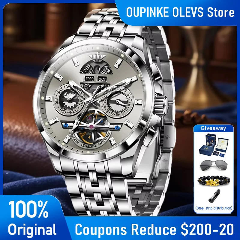 OUPINKE 3251 Herrenuhr, luxuriöse mechanische Tourbillon-Uhr aus Saphirglas ﻿   Wolframstahl 50 m wasserdichte Uhr für Herren-Geschenkbox