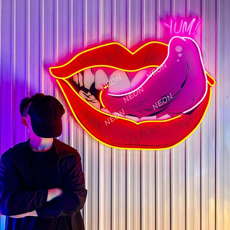 Lips Dripping Led Neon Acrylic Artwork Lips and Tongue Neon Signs Living Room Bedroom Wall Decor Party Bar Decoration Neon Light